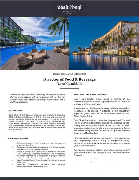 Jobtalk - F&B Director vacancy in Lapu-lapu! Hiring by Dusit Thani Mactan Cebu Resort