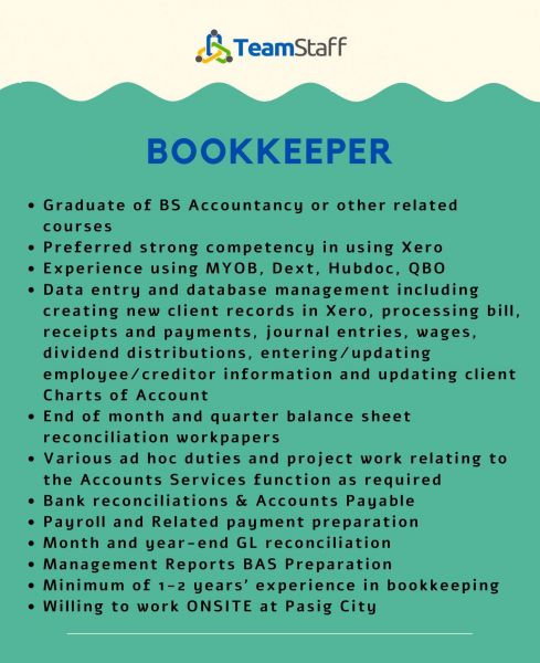 Jobtalk - Bookkeeper vacancy in Pasig! Hiring by TeamStaff