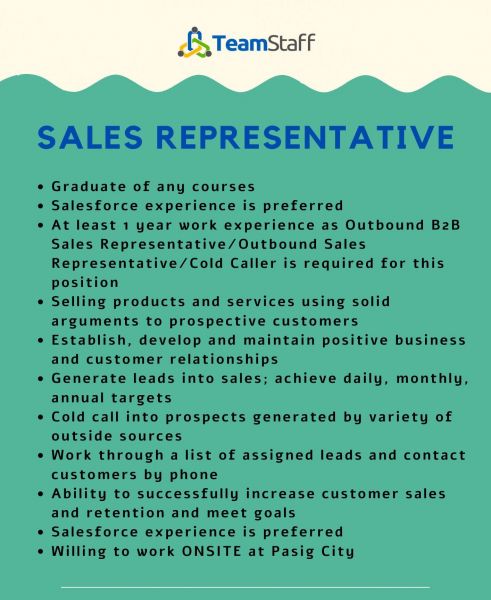 Jobtalk - Sales Representative vacancy in Pasig! Hiring by TeamStaff