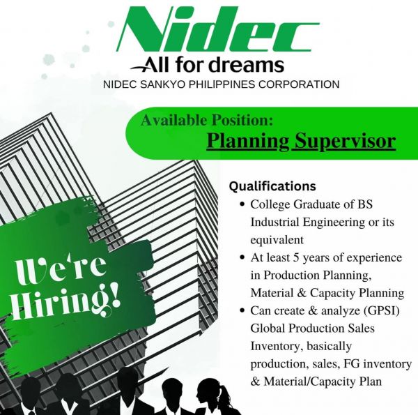 Jobtalk - Planning Supervisor vacancy in Cabuyao City! Hiring by Nidec Sankyo Philippines Corporation