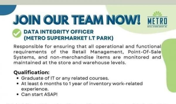 Jobtalk - Data Integrity Officer vacancy in Cebu City! Hiring by Metro Retail Stores Group, Inc.