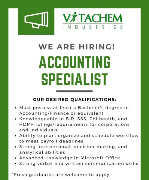 Jobtalk - Accounting Specialist vacancy in Quezon City! Hiring by Vitachem Industries