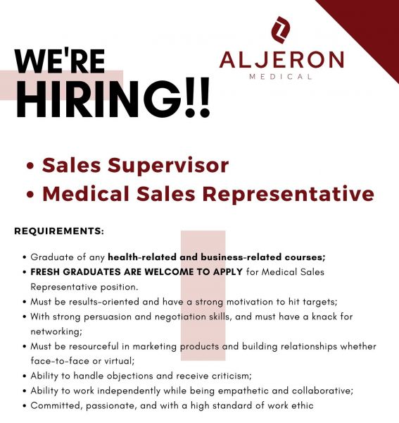 Jobtalk - Medical Sales Representative vacancy in Mandaluyong! Hiring by Aljeron Medical Enterprises, Inc.