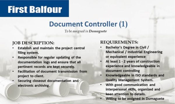 Jobtalk - Document Controller vacancy in Dumaguete City! Hiring by First Balfour Inc.