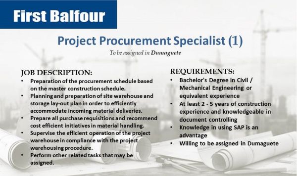 Jobtalk - Procurement Specialist vacancy in Dumaguete City! Hiring by First Balfour Inc.