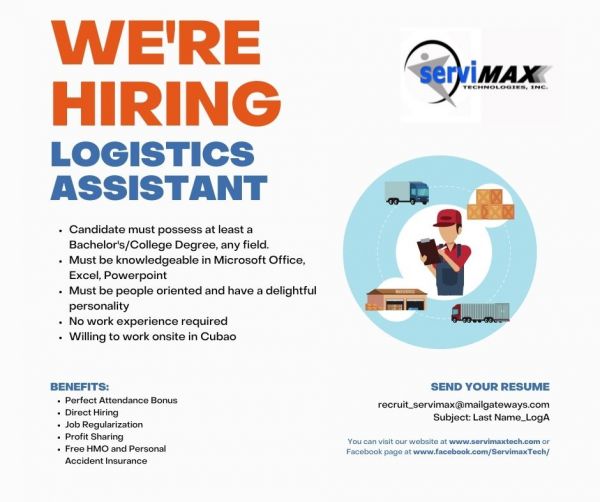 Jobtalk - Logistics Assistant vacancy in Quezon City! Hiring by Servimax Technologies, Inc