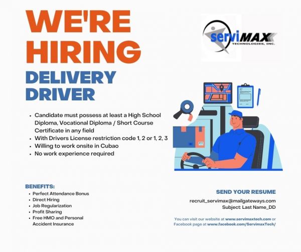 Jobtalk - Delivery Driver vacancy in Quezon City! Hiring by Servimax Technologies, Inc