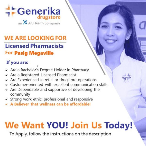 Jobtalk - Pharmacist vacancy in Pasig! Hiring by Generika Drugstore