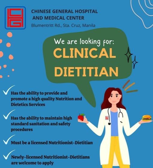 Jobtalk - Dietician vacancy in Sta. Cruz! Hiring by Chinese General Hospital & Medical