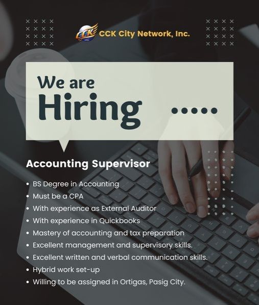 Jobtalk - Accounting Supervisor vacancy in Pasig! Hiring by CCK City Network, Inc.