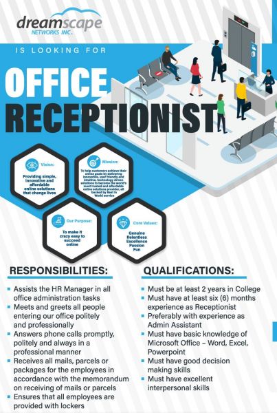 Jobtalk - Receptionist vacancy in Cebu City! Hiring by Dreamscape Networks Inc.