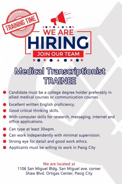 Jobtalk - Medical Transcriptionist vacancy in Pasig! Hiring by Transkripsyo, Inc.