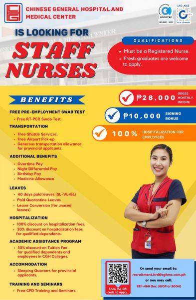 Jobtalk - Junior Registered Nurse, Filipino bilingual vacancy in Sta. Cruz! Hiring by Chinese General Hospital and Medical Center