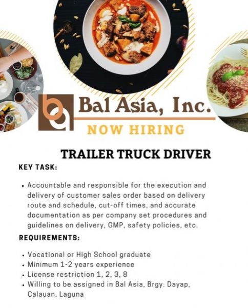 Jobtalk - Trailer Driver vacancy in Calauan! Hiring by Bal Asia Inc.