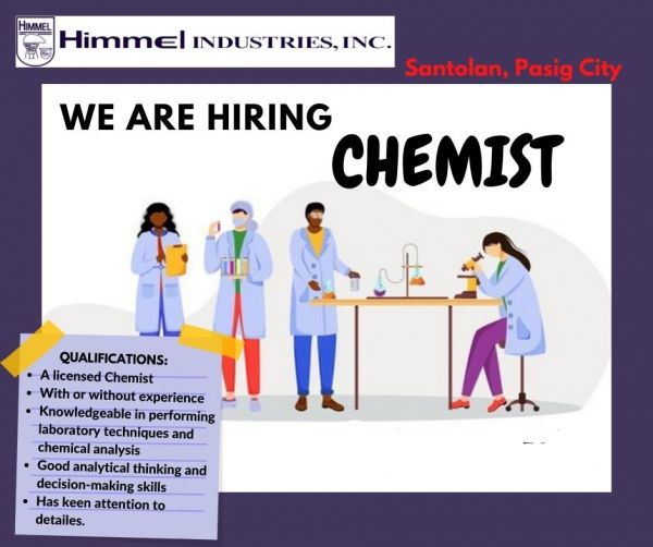 Jobtalk - Chemist vacancy in Pasig! Hiring by Himmel Industries Inc.