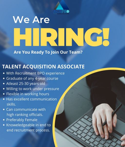 Jobtalk - Talent Acquisition Associate vacancy in San Jose Del Monte City! Hiring by ACS Pro Global Corporation