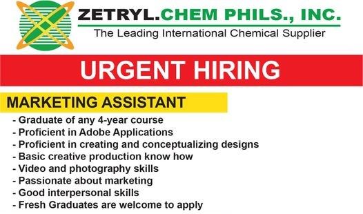 Jobtalk - Marketing Assistant vacancy in Quezon City! Hiring by Zetryl Chem Phils. Inc