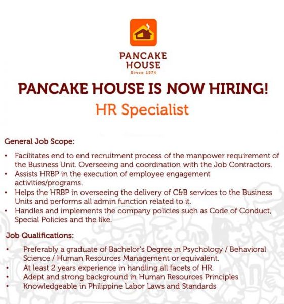 Jobtalk - HR Specialist vacancy in Makati! Hiring by Pancake House