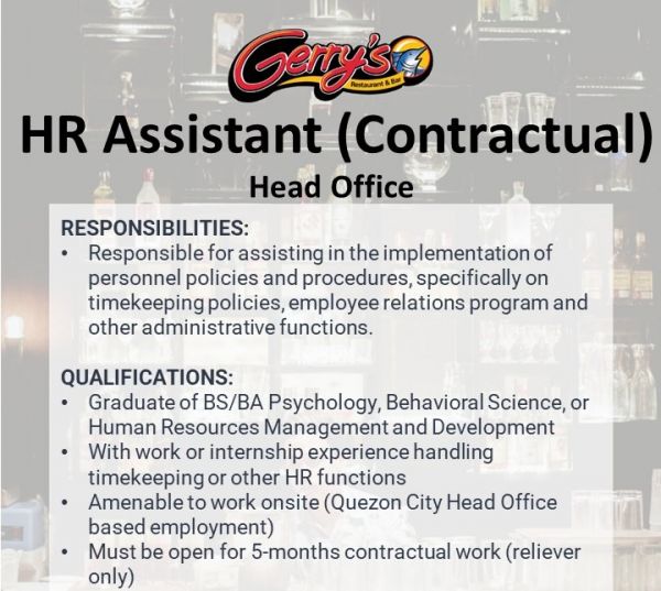 Jobtalk - HR Assistant vacancy in Quezon City! Hiring by Gerry's Grill Group of Restaurant
