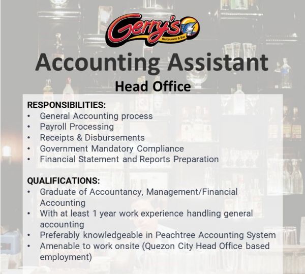 Jobtalk - Accounting Assistant vacancy in Quezon City! Hiring by Gerry's Grill Group of Restaurant