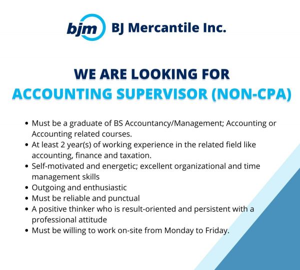 Jobtalk - Accounting Supervisor vacancy in Quezon City! Hiring by BJ Mercantile Inc.