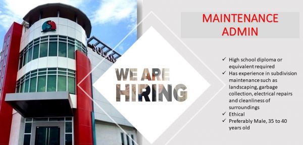 Jobtalk - Maintenance Admin vacancy in San Fernando City! Hiring by Solanaland