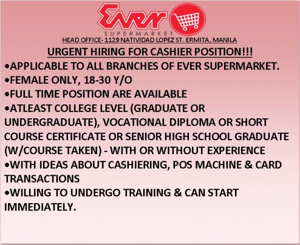Jobtalk - Cashier vacancy in Bacoor City! Hiring by Ever Supermarket