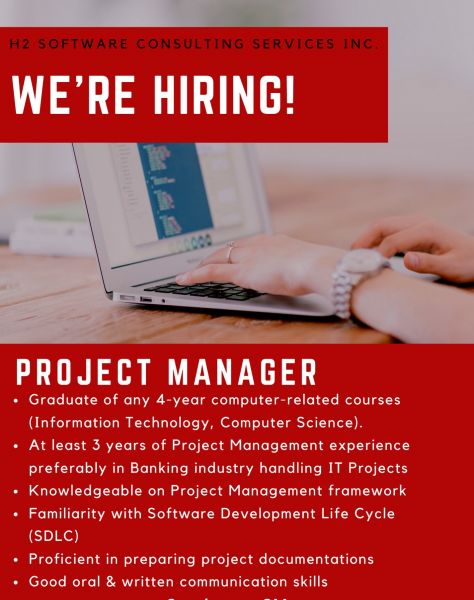 Jobtalk - Project Manager vacancy in Pasig! Hiring by H2 Software Consulting Services Inc.
