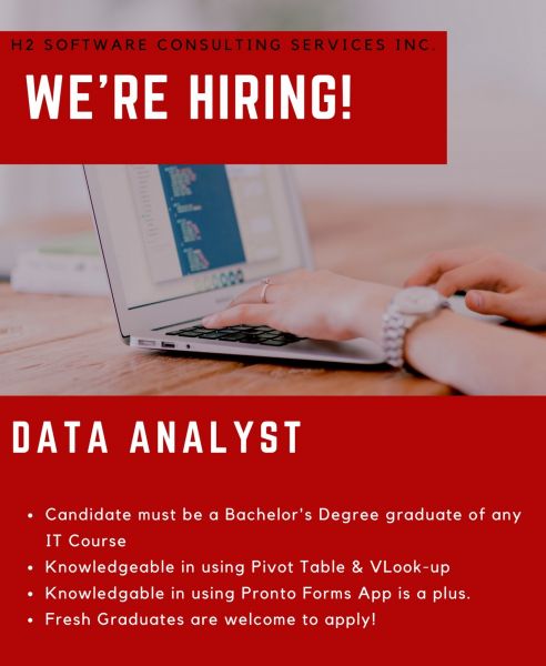 Jobtalk - Data Analyst vacancy in Pasig! Hiring by H2 Software Consulting Services Inc.