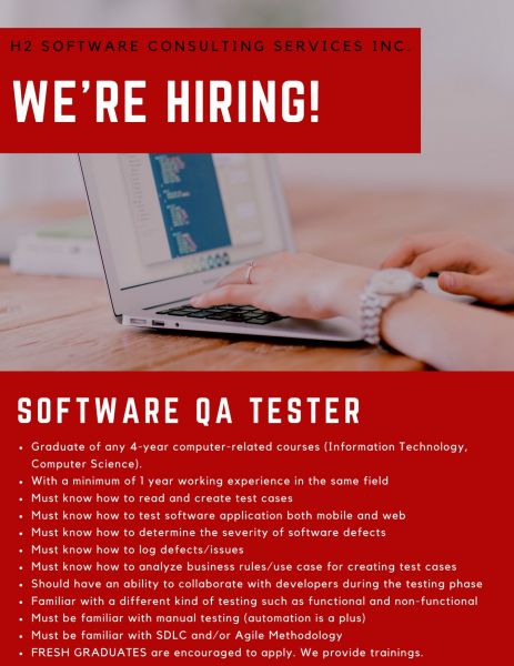 Jobtalk - Software QA Officer vacancy in Pasig! Hiring by H2 Software Consulting Services Inc.