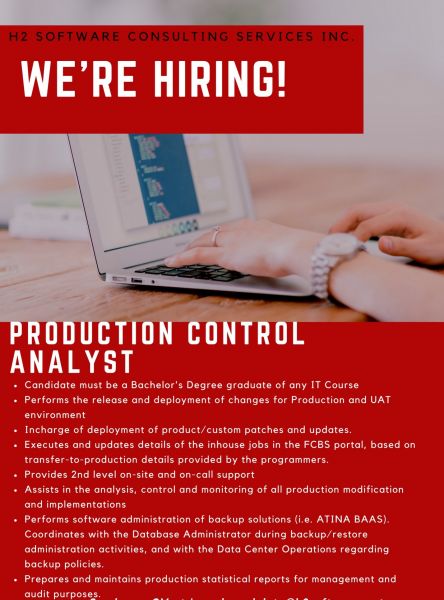 Jobtalk - Production Control Analyst vacancy in Pasig! Hiring by H2 Software Consulting Services Inc.