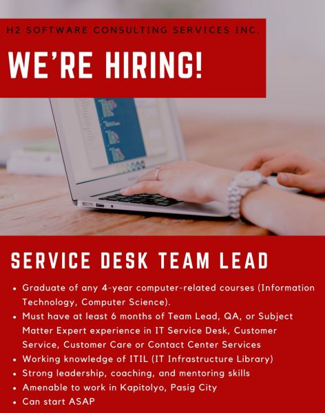 Jobtalk - Service Desk Team Lead vacancy in Pasig! Hiring by H2 Software Consulting Services Inc.
