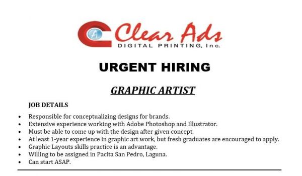 Jobtalk - Graphic Designer vacancy in San Pedro City! Hiring by Clear Ads Digital Printing, Inc.