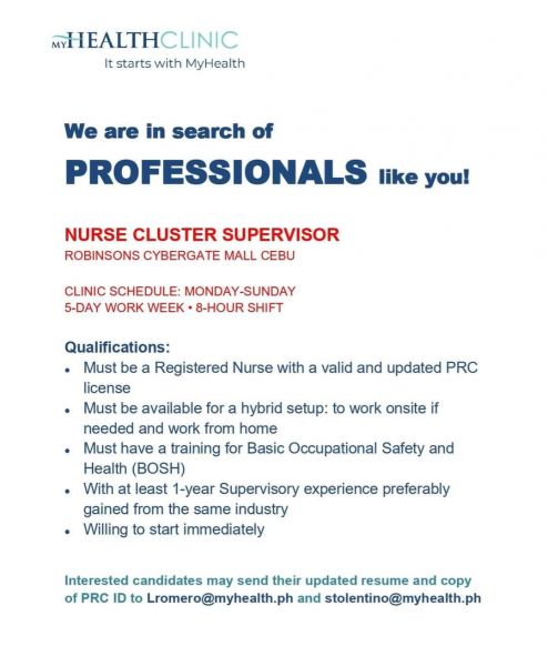 Jobtalk - Nurse Supervisor vacancy in Cebu City! Hiring by My Health Clinic