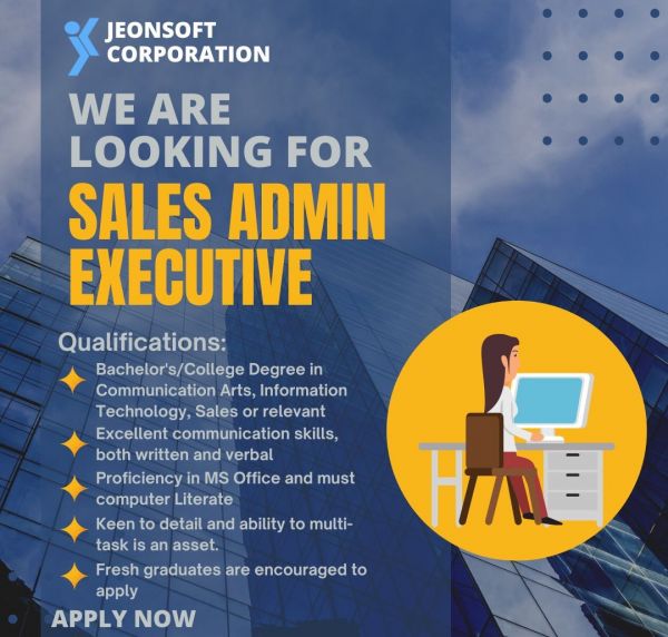 Jobtalk - Sales Admin Executive vacancy in Quezon City! Hiring by Jeonsoft Corporation