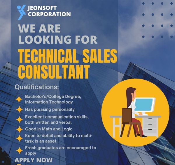 Jobtalk - Technical Sales Consultant vacancy in Quezon City! Hiring by Jeonsoft Corporation