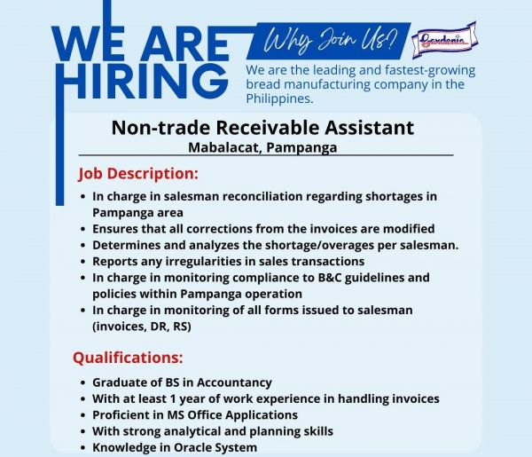 Jobtalk - Accounts Receivable Assistant vacancy in Mabalacat City! Hiring by Gardenia Bakeries (Philippines), Inc.