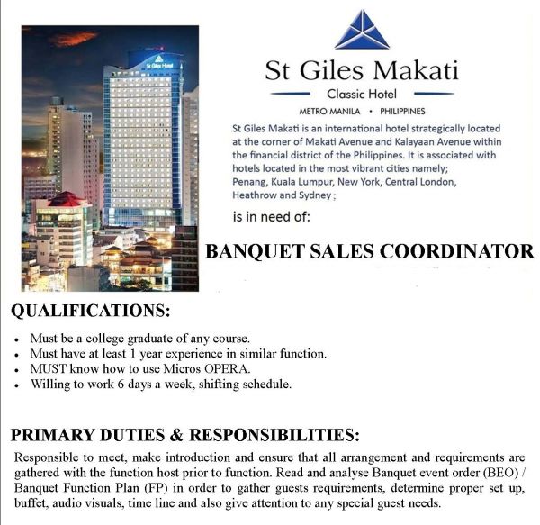 Jobtalk - Sales Coordinator vacancy in Makati! Hiring by St Giles Hotel