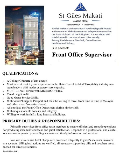 Jobtalk - Front Office Supervisor vacancy in Makati! Hiring by St Giles Hotel