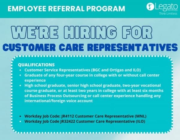 Jobtalk - Legato Health Technologies Philippines looking for Customer Care Representative, Hybrid setup,  in Bonifacio Global City