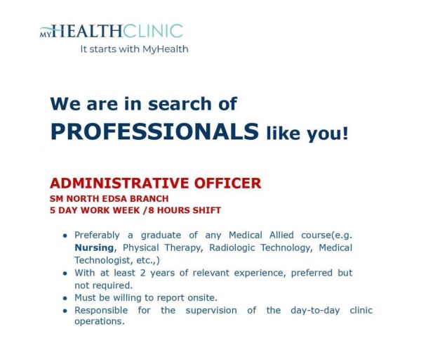 Jobtalk - Admin Officer vacancy in Quezon City! Hiring by My Health Clinic