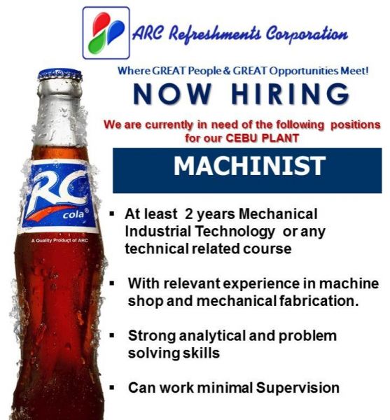 Jobtalk - Machinist vacancy in Mandaue City! Hiring by ARC Refreshments Corporation