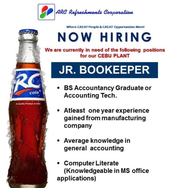 Jobtalk - Junior Bookkeeper vacancy in Mandaue City! Hiring by ARC Refreshments Corporation