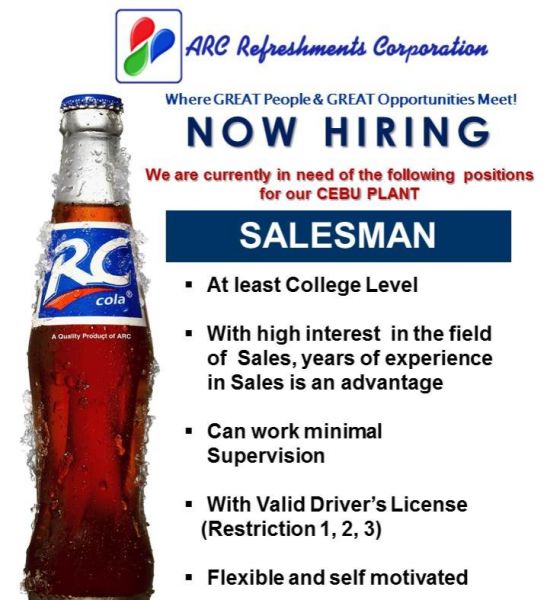 Jobtalk - Salesman vacancy in Mandaue City! Hiring by ARC Refreshments Corporation