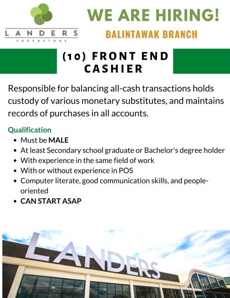 Jobtalk - Cashier vacancy in Quezon City! Hiring by Landers Superstore