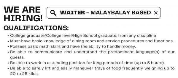 Jobtalk - Waiter vacancy in Malaybalay City! Hiring by M. Montesclaros Hospitality Corporation