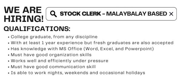 Jobtalk - Stock Clerk vacancy in Malaybalay City! Hiring by M. Montesclaros Hospitality Corporation