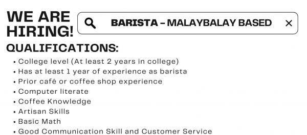 Jobtalk - Barista vacancy in Malaybalay City! Hiring by M. Montesclaros Hospitality Corporation