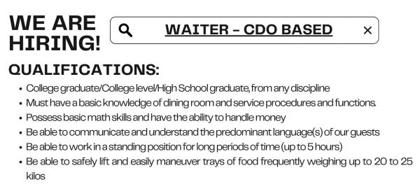 Jobtalk - Waiter vacancy in Cagayan De Oro City! Hiring by M. Montesclaros Hospitality Corporation