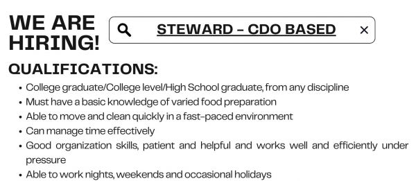 Jobtalk - Steward vacancy in Cagayan De Oro City! Hiring by M. Montesclaros Hospitality Corporation